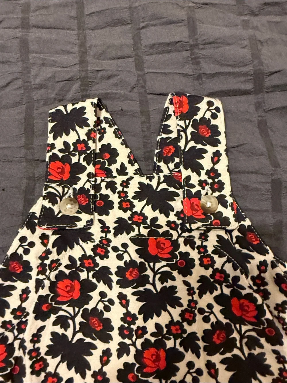 kate quinn Red & Black Floral Ruffle Overalls on Cream